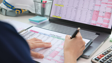 Expert woman asian female people review data number costing managerial account prepare monthly...
