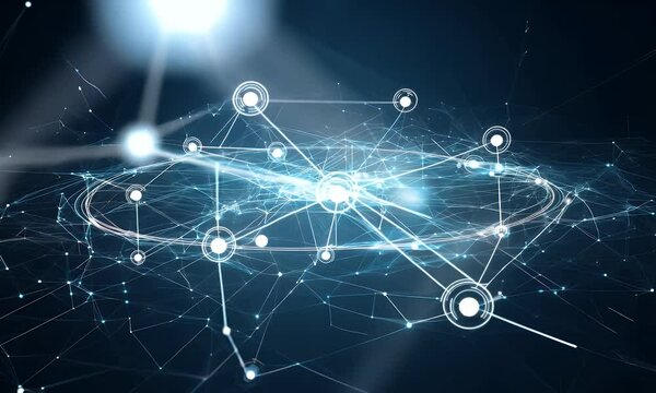 network of digital lines, nodes, and dots forming a dynamic social network on a black background.