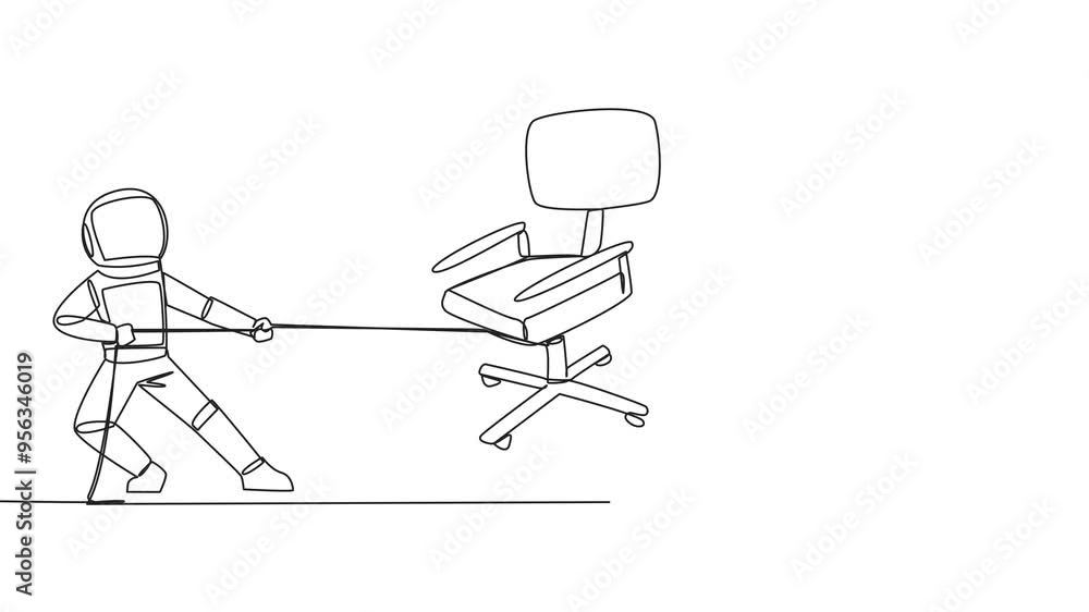 Poster animated self drawing of single continuous line drawing two astronauts fighting over an office chair