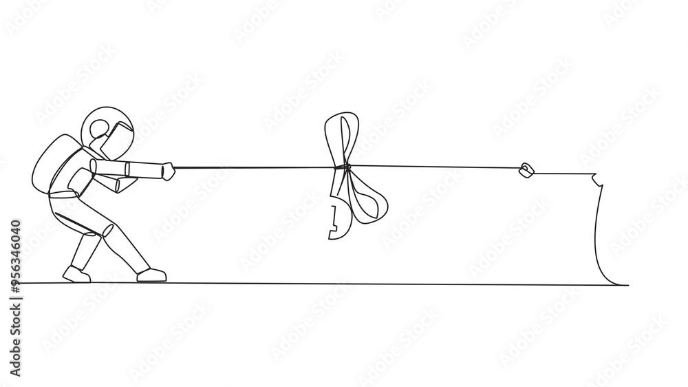 Poster animation of single continuous line drawing two astronauts fighting for medal award. fierce battles 