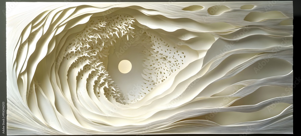 Poster 4. fluid, undulating forms of paper with intricate cutouts arranged to evoke a sense of movement and