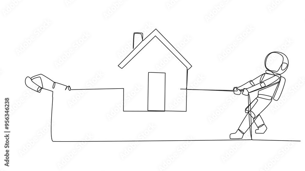 Poster self drawing animation of single continuous line drawing two astronauts fighting over a miniature ho