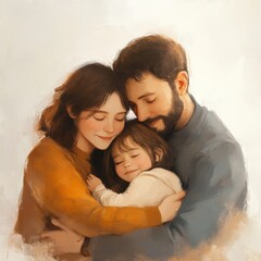 Fototapeta premium Embracing Love - Child hugging both parents in digital painting with a soft and warm palette, symbolizing a strong relationship, isolated on white.