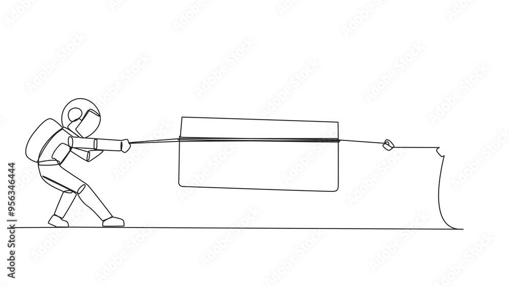 Poster animated self drawing of single one line drawing two astronauts fighting over briefcase. fighting fo