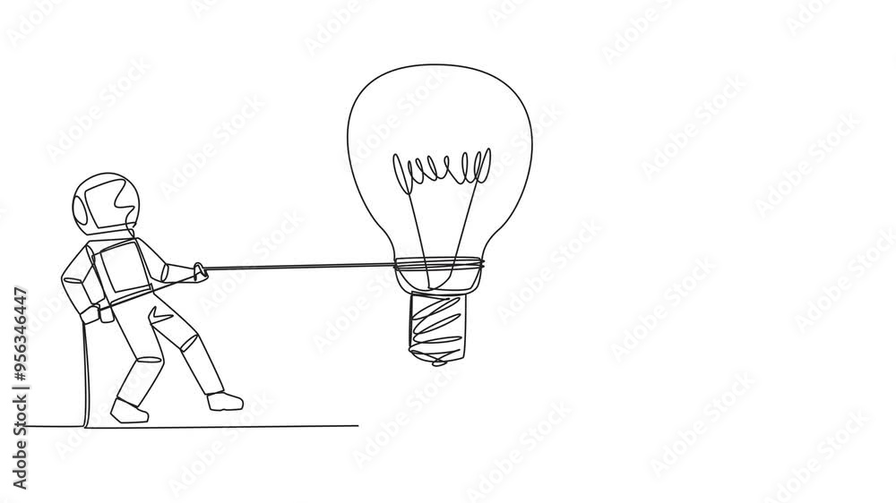 Poster animation of single continuous line drawing two astronauts fighting over lightbulb. compete to find 