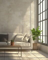 Wabi-sabi home interior design, vintage couch and rustic coffee table against grungy beige stucco wall.