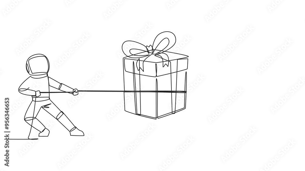 Poster self drawing animation of single continuous line drawing two astronauts fighting over a gift box. a 