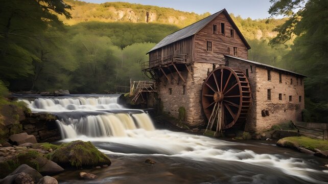 old mill on a river with a waterfall in the background

