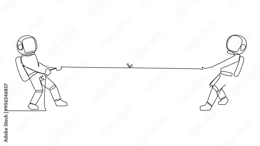 Poster self drawing animation of continuous one line drawing two astronaut pulling each other's rope. stret