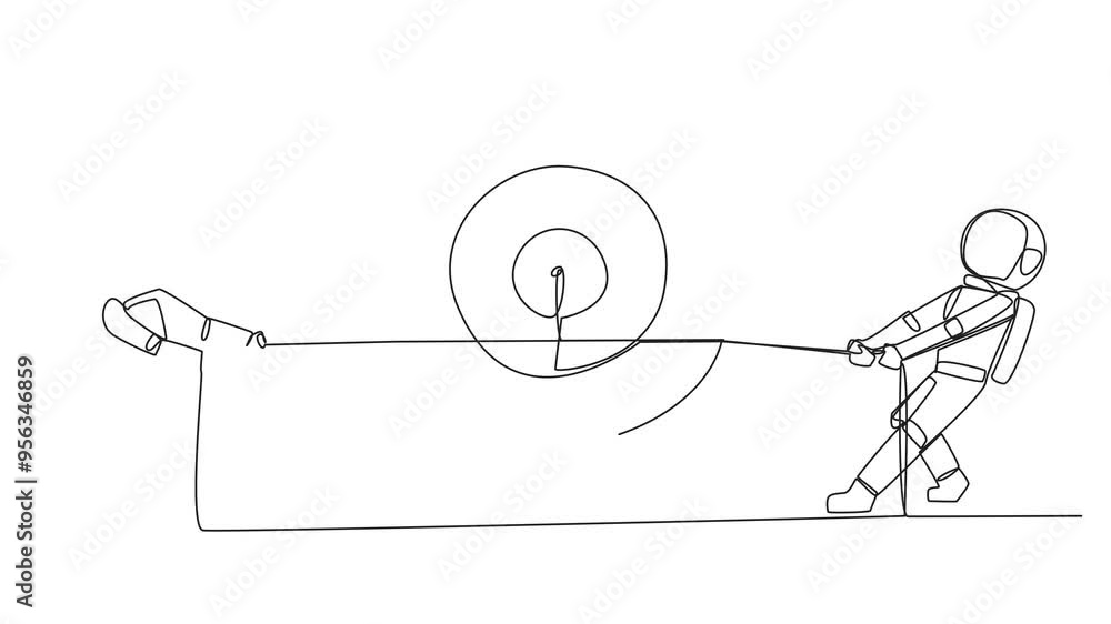 Wall mural Animation of continuous one line drawing two astronaut fighting over arrow target board. Fierce battle to reach the goal of reaching the moon. Space man galaxy concept. Full length motion