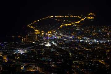 Night view of the city of Alanya, Turkey.