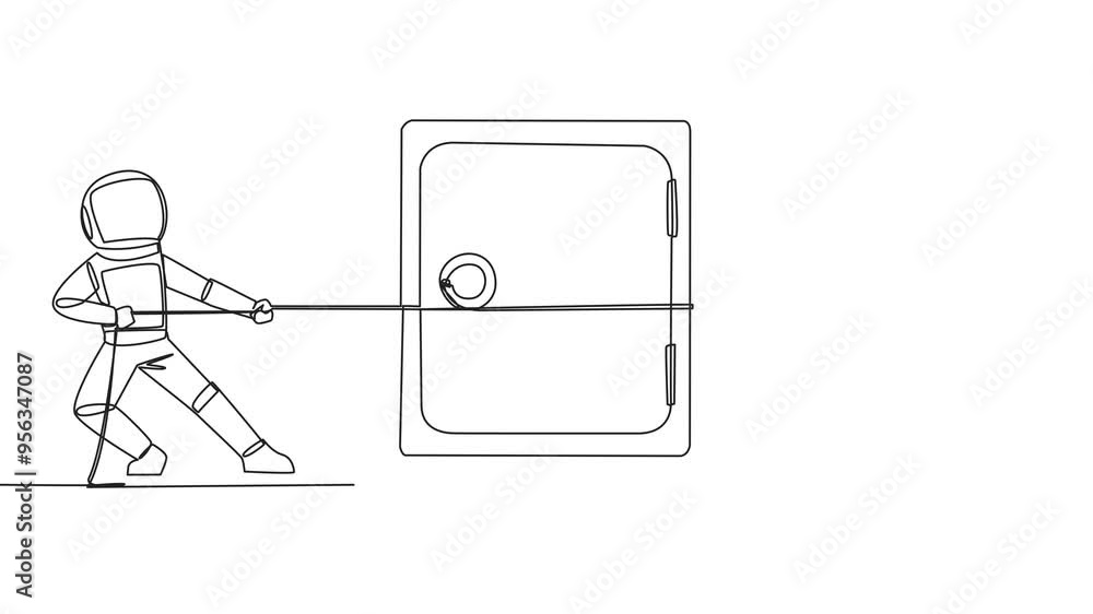 Poster animation of single continuous line drawing two astronauts fighting over a safe deposit box. fierce 