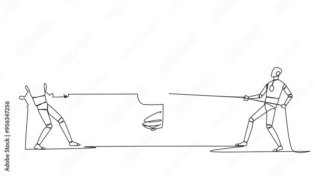 Poster animated self drawing of continuous one line drawing two robots fighting over lightbulb. fierce comp