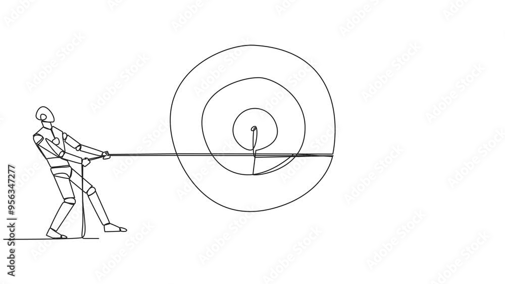 Poster self drawing animation of single continuous line drawing two robots fighting over an arrow target bo