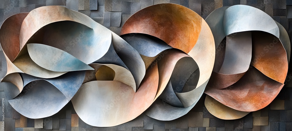 Poster 7. textured mosaic of paper shapes layered to form a complex, three-dimensional abstract design