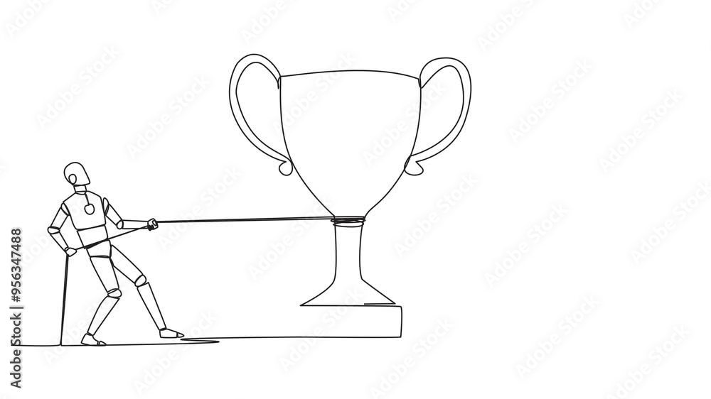 Poster self drawing animation of continuous one line drawing two robots fighting for a trophy. artificial i