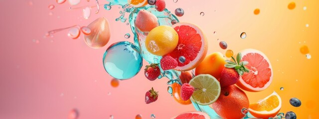 Dynamic splash of citrus and berries in vibrant colors