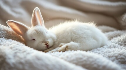 Obraz premium Cute white rabbit peacefully sleeping on a soft blanket during the day