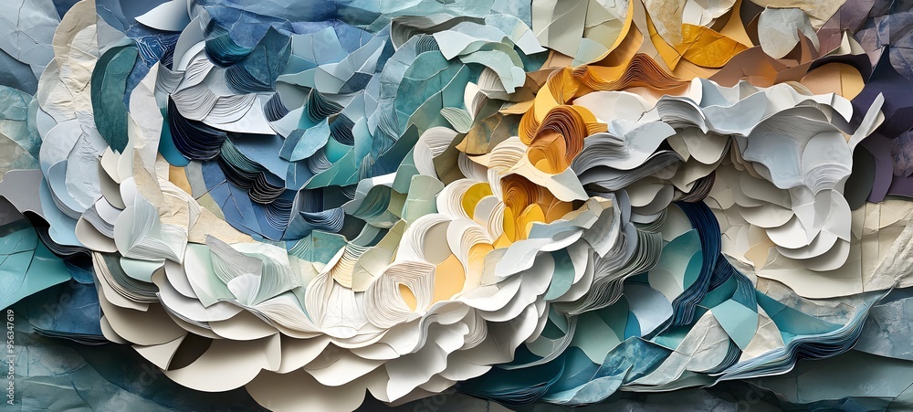 Poster 7. textured mosaic of paper shapes layered to form a complex, three-dimensional abstract design
