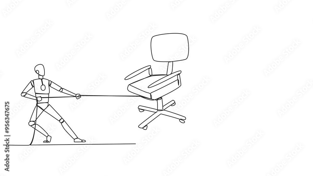 Aufkleber animated self drawing of single continuous line drawing two robots fighting over an office chair. co