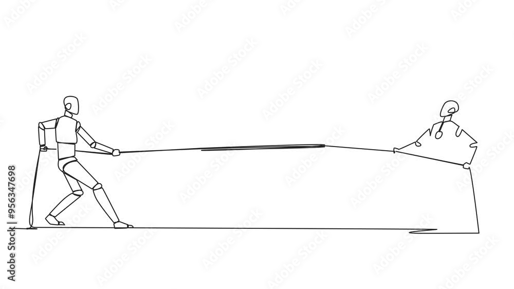 Poster animation of single one line drawing two robots fight for the crown. competition to become the great