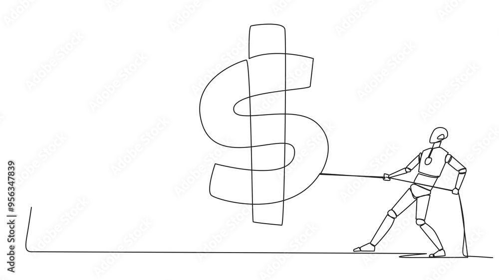 Poster animation of single one line drawing two robots fighting over dollar symbol. fighting for profit. ke