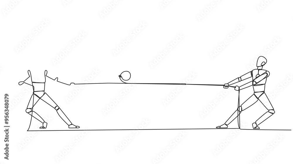 Poster animation of single continuous line drawing two robots fighting over a safe deposit box. competition