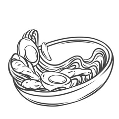 Flying bowl of Asian chicken noodles line icon. Outline hot meat and half eggs, delicious noodles splash in cup. Asian food mascot, hand drawn dish of Asian restaurant menu icon vector illustration