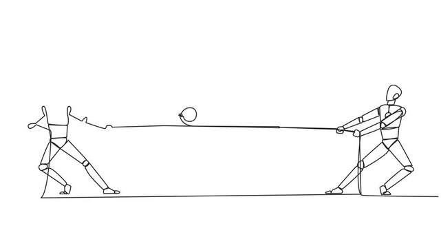 Animation of single continuous line drawing two robots fighting over a safe deposit box. Competition for the best code for robot development stored in a safe place. Future tech. Full length motion