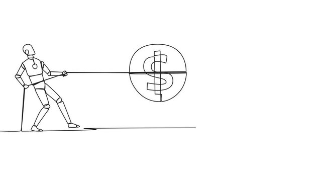 Animated self drawing of single one line drawing two robots fighting over a coin with a dollar symbol. Competition for the highest payout for the smartest robots. Technology. Full length animation