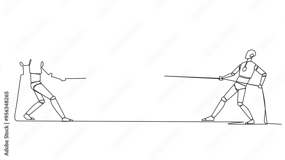 Poster self drawing animation of continuous one line drawing two smart robots fighting over an alarm clock.