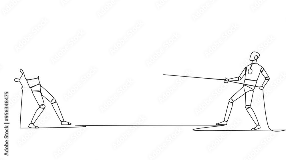 Poster animated self drawing of single continuous line drawing two smart robots fighting for a star. the fi