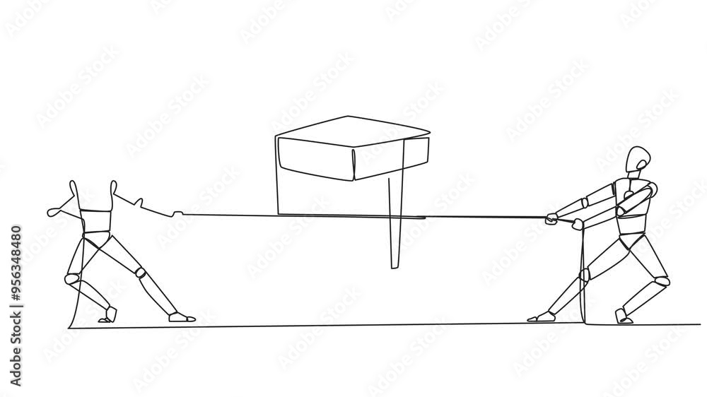 Poster animated self drawing of single one line drawing two robots fighting over a gift box. fight like a c