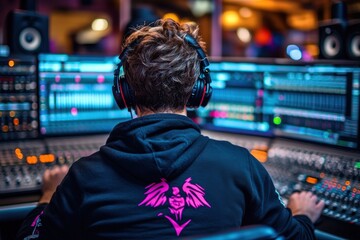 Obraz premium This image portrays an audio engineer immersed in his work at a mixing console adorned with multiple monitors and intricate sound settings in a professional recording studio, symbolizing creativity a