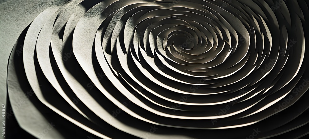Poster 9. a series of concentric paper shapes with intricate cut details casting complex shadows and highli