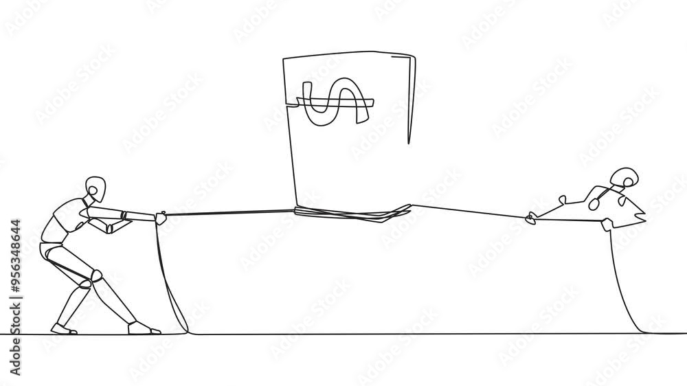 Poster animated self drawing of single continuous line drawing two smart robot fighting over banknotes. com