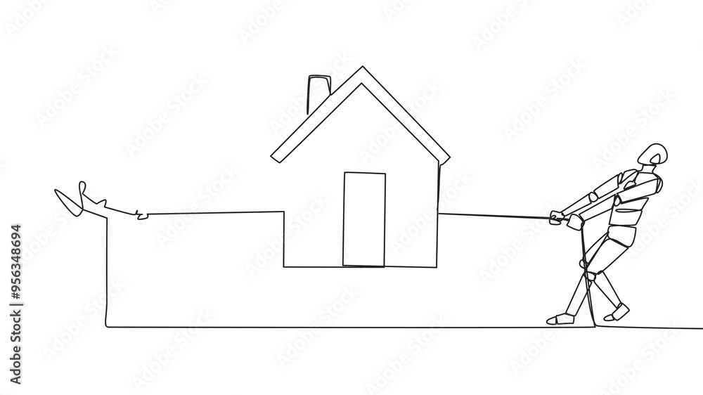 Poster self drawing animation continuous one line drawing two smart robots fight over a miniature house. be