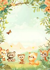 Naklejka premium Cute cartoon animals with floral border. Template for quotes, and greetings cards