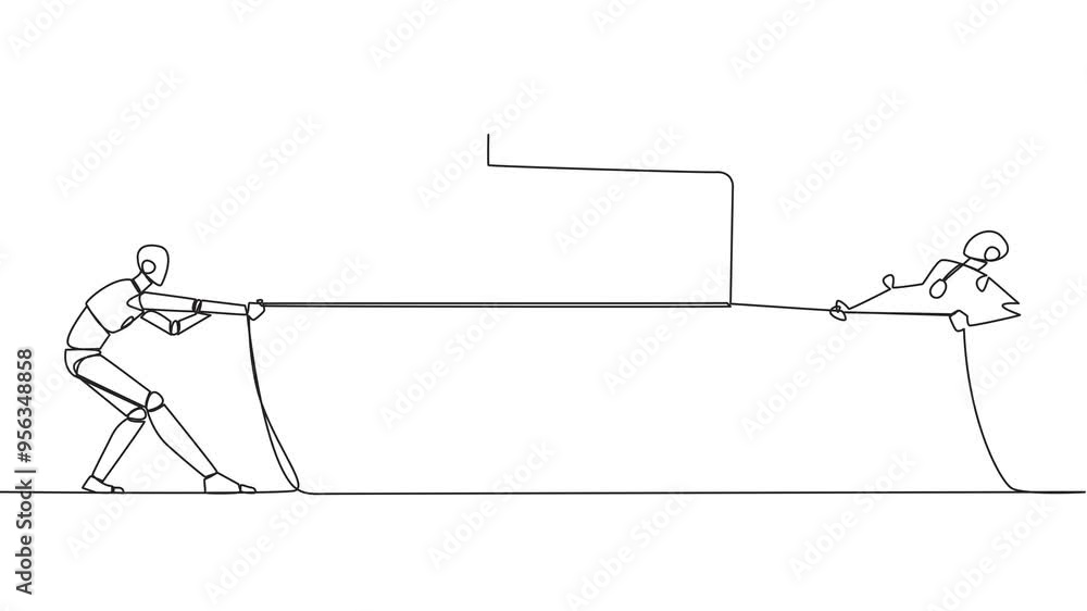 Poster animation of single continuous line drawing two robots fighting over briefcase. compete fiercely to 