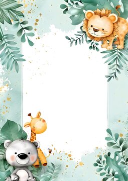 Watercolor illustration of cute animals with green leaves and gold splatter. Template for quotes, and greetings cards