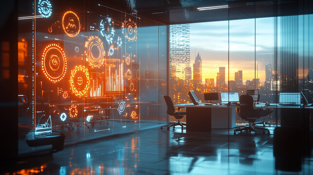 A futuristic office setting where PME leaders are collaborating with holographic interfaces displaying interconnected gears and data flows, symbolizing modern internal control systems. The room is fil