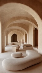 Minimalist, Earthy Hotel Lobby Interior with Vaulted Ceilings and Organic Shaped Furniture