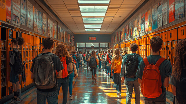 Un bullicioso pasillo de instituto lleno de estudiantes charlando, taquillas abiertas, algunos alumnos apresur&aacute;ndose para ir a clase, otros pasando el rato en grupos, con vibrantes carteles 