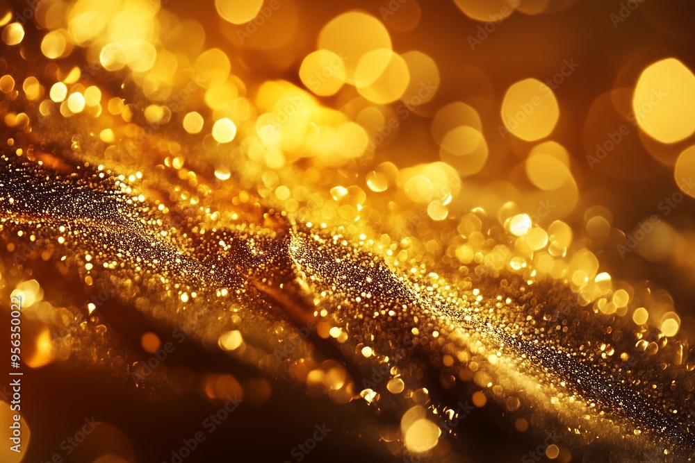 Wall mural Golden bokeh backdrop with sparkling droplets enhancing a festive atmosphere in soft lighting