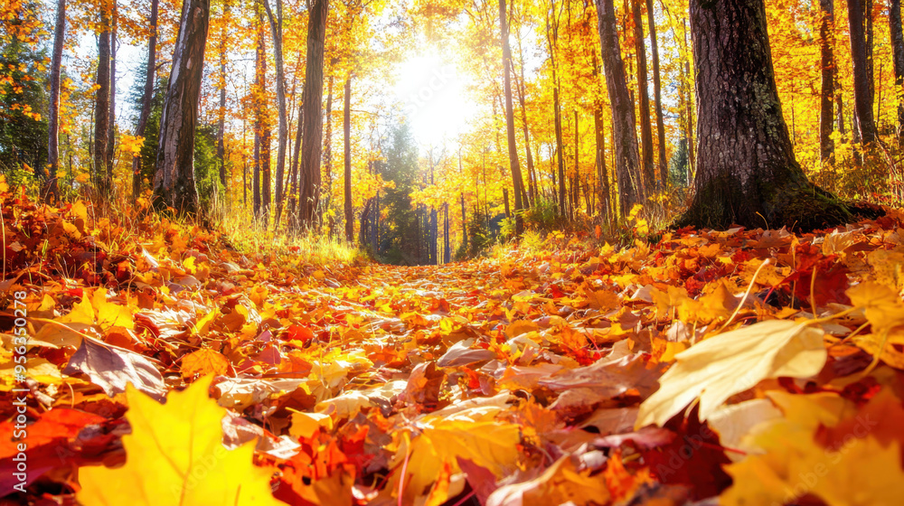 Poster vibrant autumn scene with colorful fallen leaves covering a forest path illuminated by warm sunlight