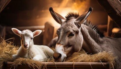 Manger with Animals Nearby
The manger is the focal point, surrounded by the gentle presence of animals such as a donkey and a lamb, who are calmly lying nearby.