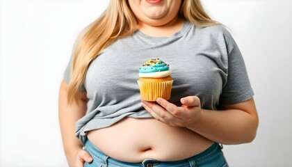 Morbid obesity, weight gain, an obese woman holding a cupcake isolated on a white background