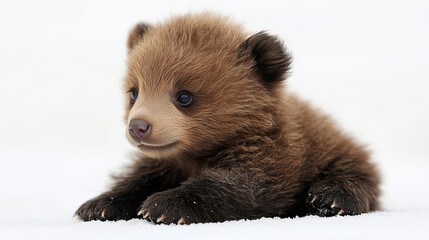 Playful brown bear cub exploring snowy landscape during winter