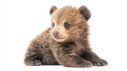 Obraz premium Cute baby bear cub resting on a white background in a playful pose
