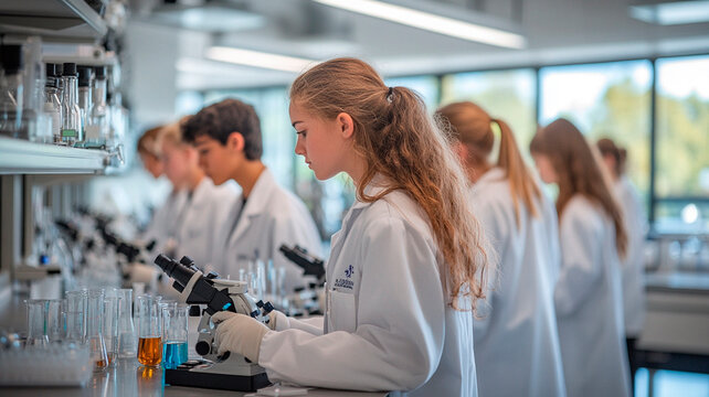Un laboratorio de ciencias de instituto repleto de estudiantes con batas blancas realizando experimentos, con vasos de precipitados, probetas y microscopios sobre las mesas.